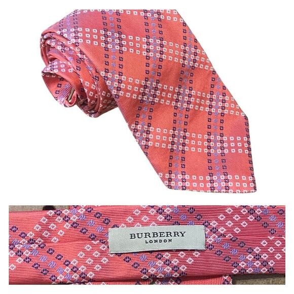 Burberry London Modern Silk Neck Tie England Made Geometric Plaid Pale Red Men - Picture 1 of 7